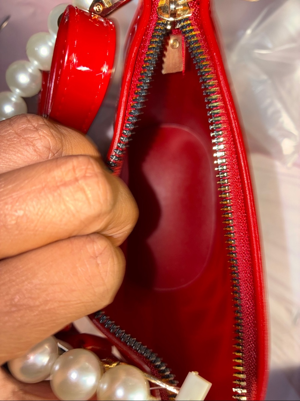 Quilted Patent Mini Bucket Bag with Pearl Handle - Red - Picture 6 of 6